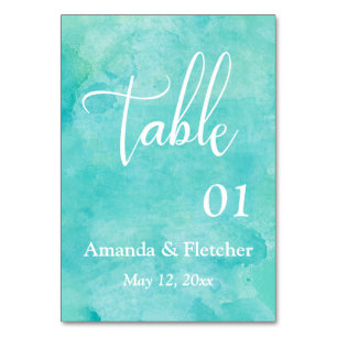 Turquoise Watercolor Elegant Wedding Table Number