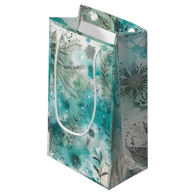 Turquoise Watercolor Ephemera Small Gift Bag (Front Angled)
