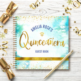 Turquoise Watercolor Gold Quinceañera Guest Book