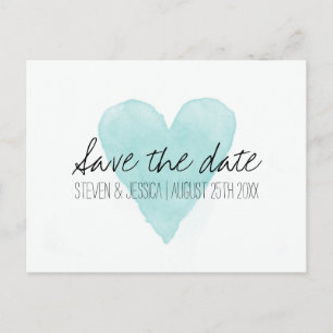 Turquoise watercolor heart save the date postcards