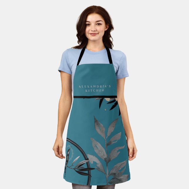 Turquoise Watercolor Leaves + Your Name Kitchen Apron (Worn)