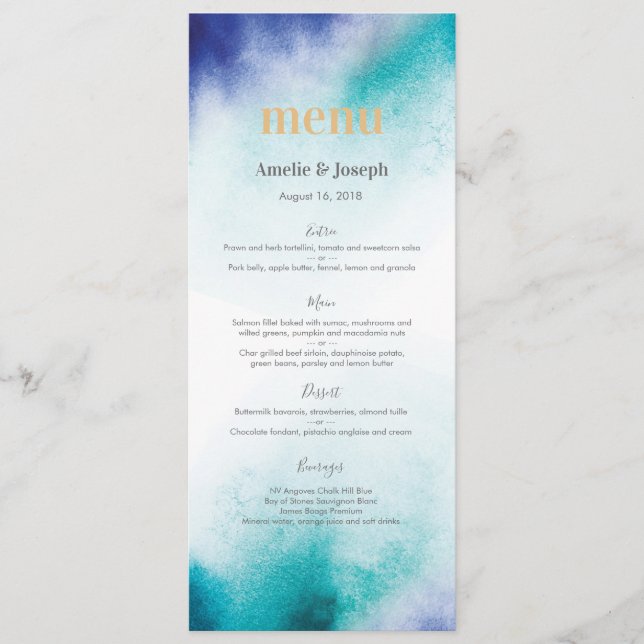 Turquoise watercolor Menu or Program Card (Front)