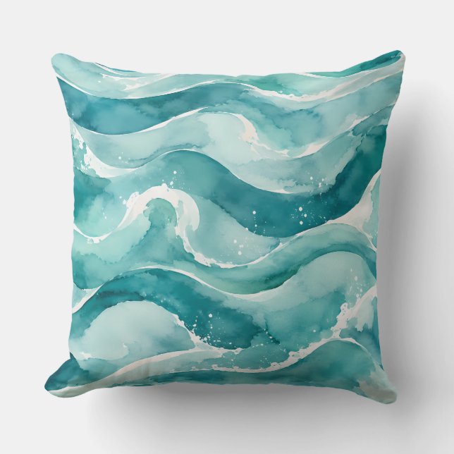 Turquoise Watercolor Ocean Waves Abstract Cushion (Front)
