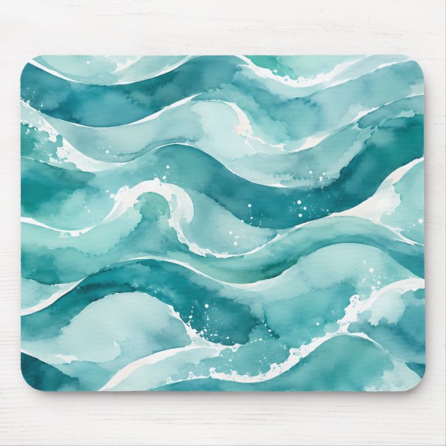 Turquoise Watercolor Ocean Waves Abstract Mouse Pad (Front)