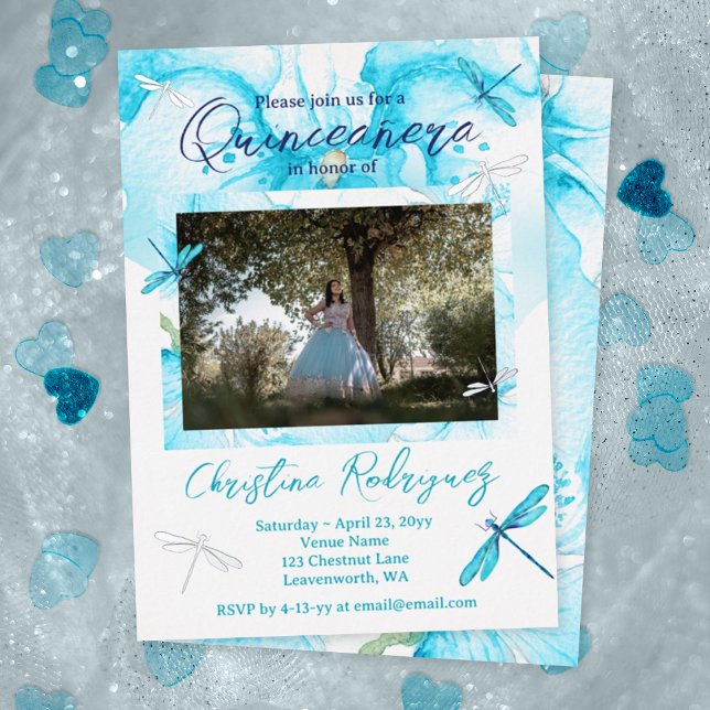 Turquoise Watercolor Orchid, Dragonfly Quinceanera (Turquoise and white quinceanera invitation, silver foil dragonflies, cyan, aquamarine orchid flower)
