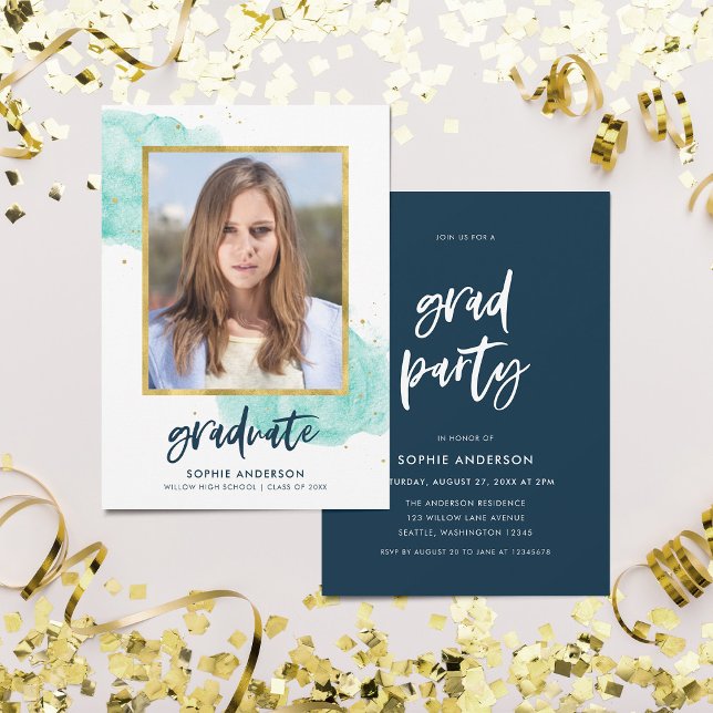 Turquoise Watercolor Photo Graduate Grad Party Invitation (Creator Uploaded)