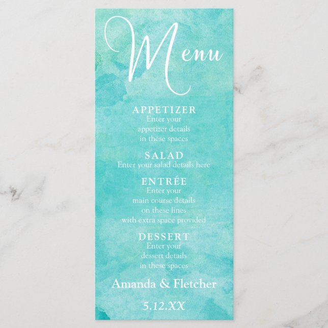 Turquoise Watercolor Typography Wedding Menu (Front)