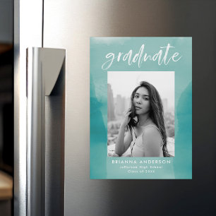 Turquoise Watercolor Wash Photo Graduation Magnetic Invitation