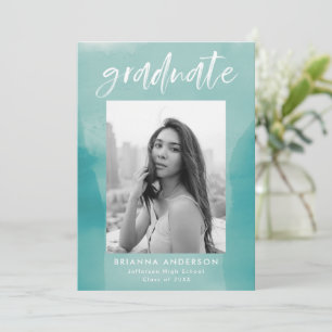 Turquoise Watercolor Wash Photo Graduation Party Invitation