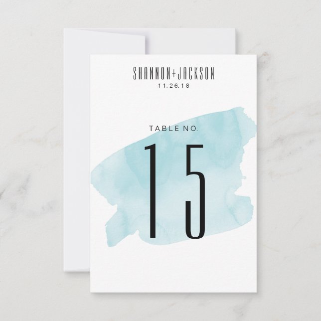 Turquoise Watercolor Wash Wedding Table Numbers (Front)