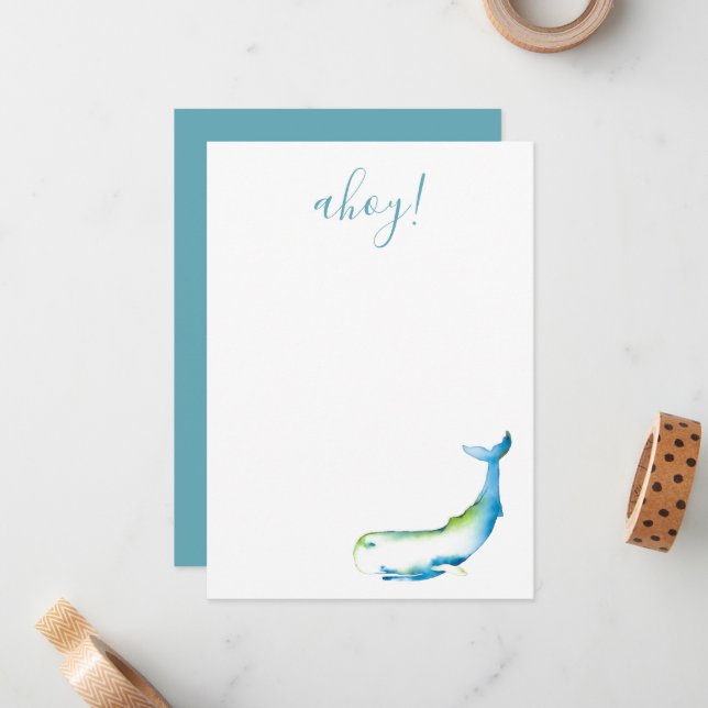 Turquoise Watercolor Whale Stationery Note Card (Front/Back In Situ)