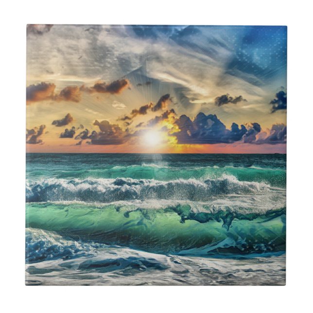 Turquoise Waves At Sunset Tile (Front)