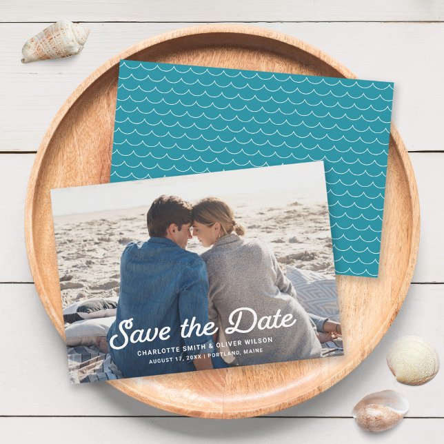 Turquoise Waves Full Photo Save the Date Card (Creator Uploaded)