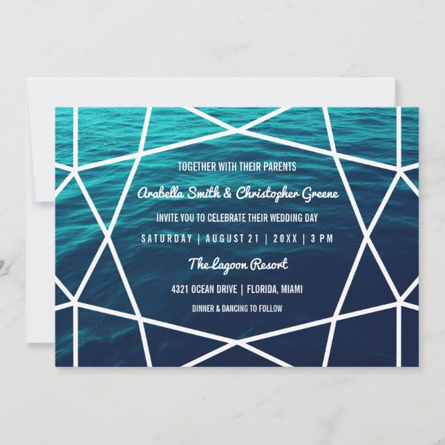 Turquoise Waves Geometric Wedding Invitation (Front)
