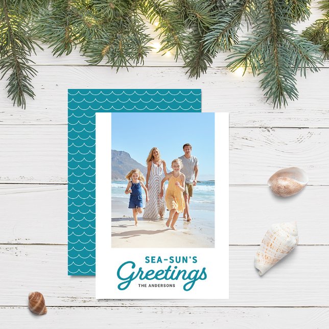 Turquoise Waves Sea-Sun's Greetings Photo Holiday Card (Creator Uploaded)