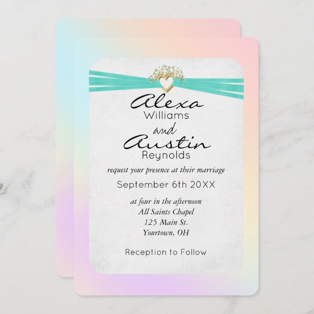 Turquoise Wedding Ribbon in Gold Heart Invitation (Front/Back)