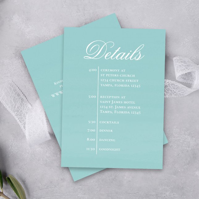 Turquoise Wedding Timeline Details Simple RSVP Enclosure Card (Beach turquoise blue wedding details card.)