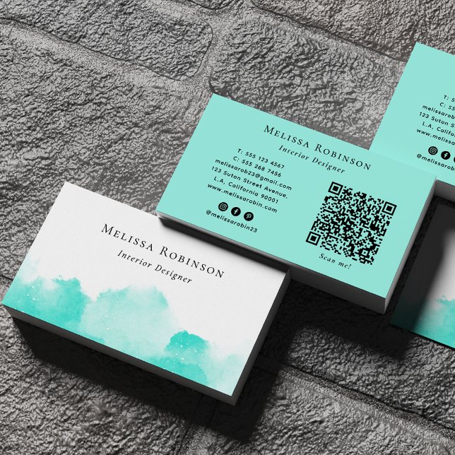 Turquoise & White Abstract Chic Watercolor QR Code Business Card (Creator Uploaded)