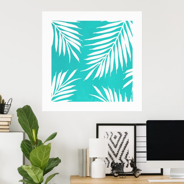 Turquoise White Acrylic Palm Leaves Poster (Home Office)