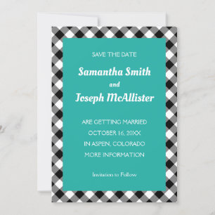Turquoise White Black Buffalo Plaid Save the Date Invitation