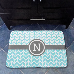 Turquoise White Chevron Pattern Monogram Grey Bold Bath Mat