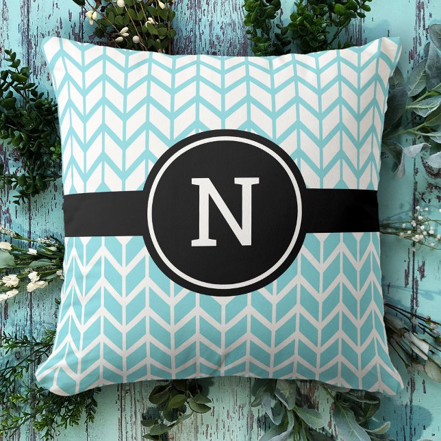 Turquoise White Chevron Pattern Monogram Modern Cushion (Creator Uploaded)