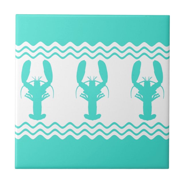 Turquoise White Coastal Lobster Stripes Tile (Front)