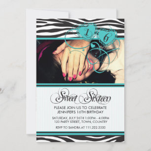 TURQUOISE WHITE COOL ZEBRA PRINT SWEET SIXTEEN INVITATION