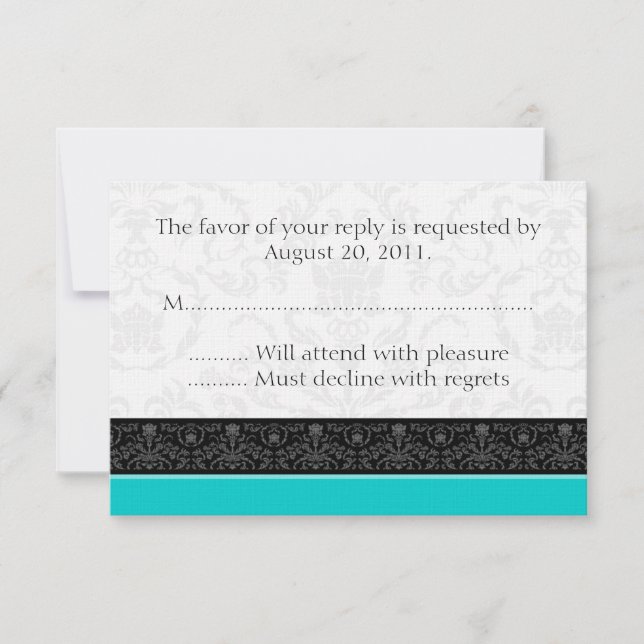 Turquoise & White Damask Wedding RSVP Reply Cards (Front)