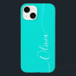 Turquoise White Elegant Calligraphy Script Name Case-Mate iPhone 14 Case<br><div class="desc">Turquoise Elegant White Calligraphy Script Custom Personalised Name iPhone 14 Smart Phone Cases features a modern and trendy simple and stylish design with your personalised name in elegant hand written calligraphy script typography on a turquoise background. Designed by ©Evco Studio www.zazzle.com/store/evcostudio</div>