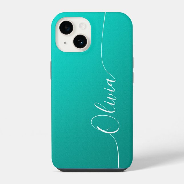 Turquoise White Elegant Calligraphy Script Name iPhone Case (Back)