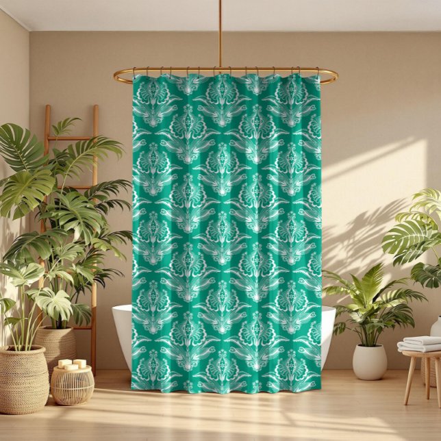Turquoise & White Floral Art Deco Pattern Shower Curtain (Creator Uploaded)