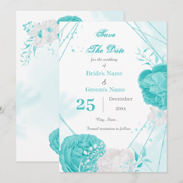 turquoise white floral geometric  save the date (Front/Back)