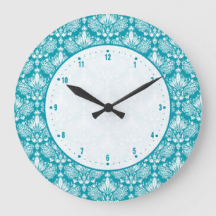 Turquoise & White Floral Lace Damask Large Clock