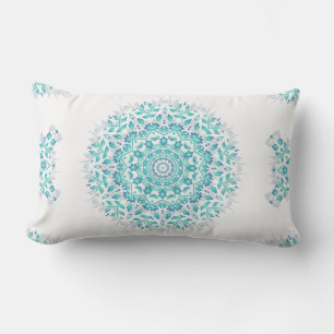 Turquoise White Floral Mandala Geometric Pattern Outdoor Cushion