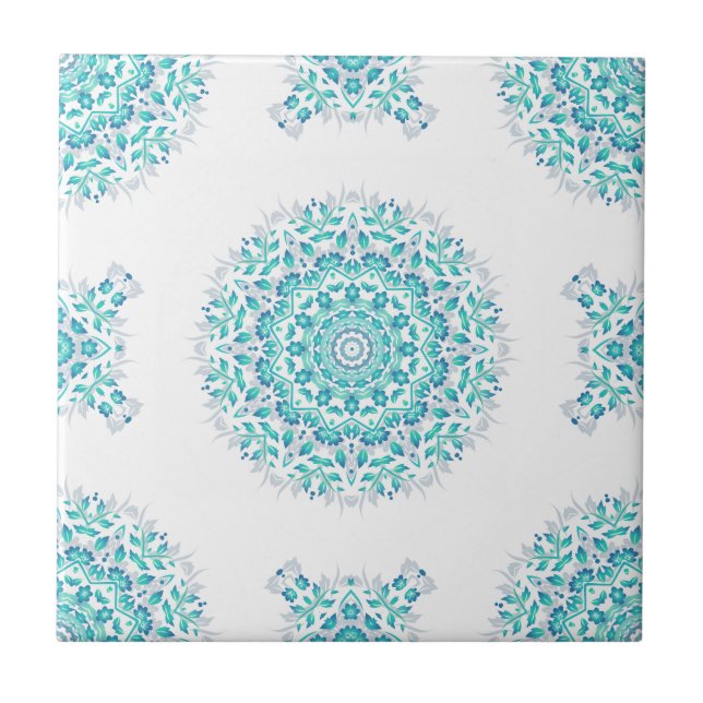 Turquoise White Floral Mandala Geometric Pattern Tile (Front)