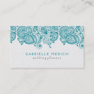 Turquoise & White Floral Paisley Lace Business Card