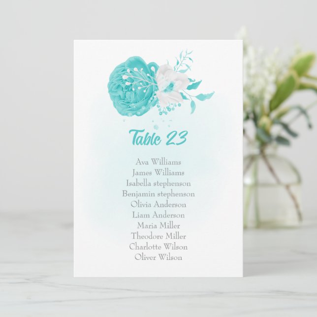 turquoise & white floral seating chart card (Standing Front)