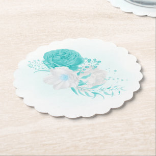 turquoise white floral wedding  paper coaster