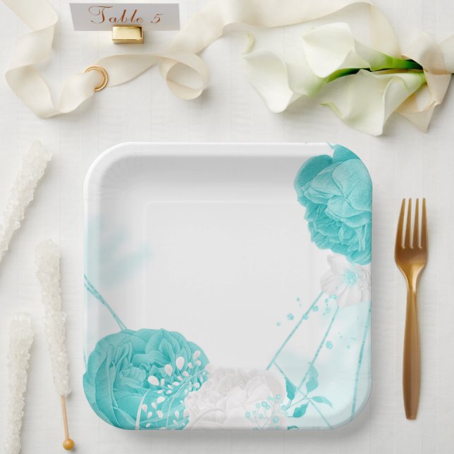 turquoise white floral wedding paper plate (Wedding)