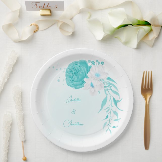 turquoise white floral wedding paper plate (Wedding)