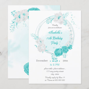 turquoise white floral wreath birthday party invitation