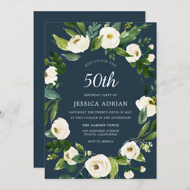 Turquoise White Flower 50th Birthday Invite (Front/Back)