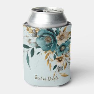 Turquoise White Flower Golden Leaves Elegant Can Cooler