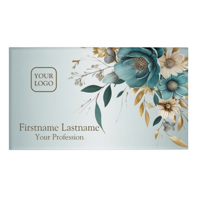 Turquoise White Flower Golden Leaves Elegant Name Tag (Front)