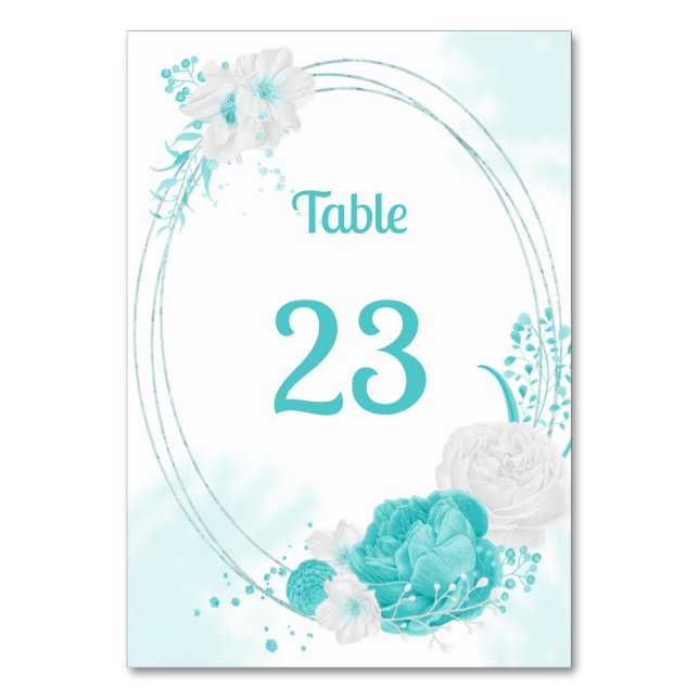 turquoise white flowers botanical wreath table number (Front)