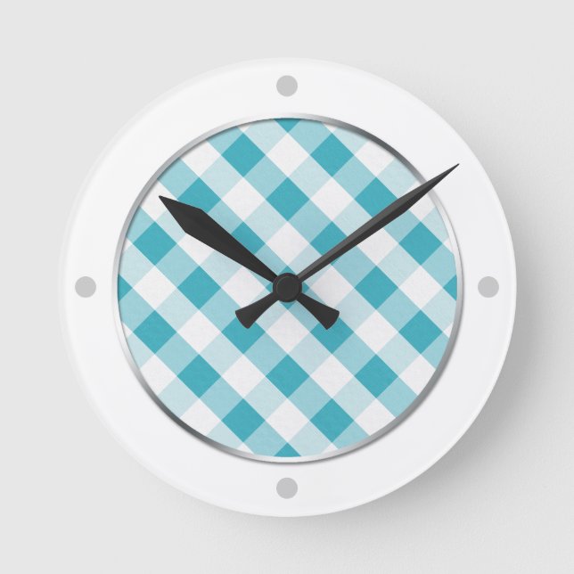 Turquoise & White Gingham Pattern Wall Clock (Front)