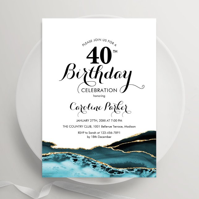 Turquoise White Gold Agate 40th Birthday Invitation (Creator Uploaded)