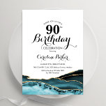 Turquoise White Gold Agate 90th Birthday Invitation<br><div class="desc">Turquoise,  white and gold agate 90th birthday party invitation. Elegant modern design featuring watercolor agate marble geode background,  faux glitter gold and typography script font. Trendy invite card perfect for a stylish women's bday celebration. Printed Zazzle invitations or instant download digital printable template.</div>