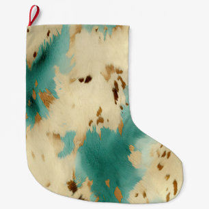 Turquoise White Gold Cowhide Large Christmas Stocking
